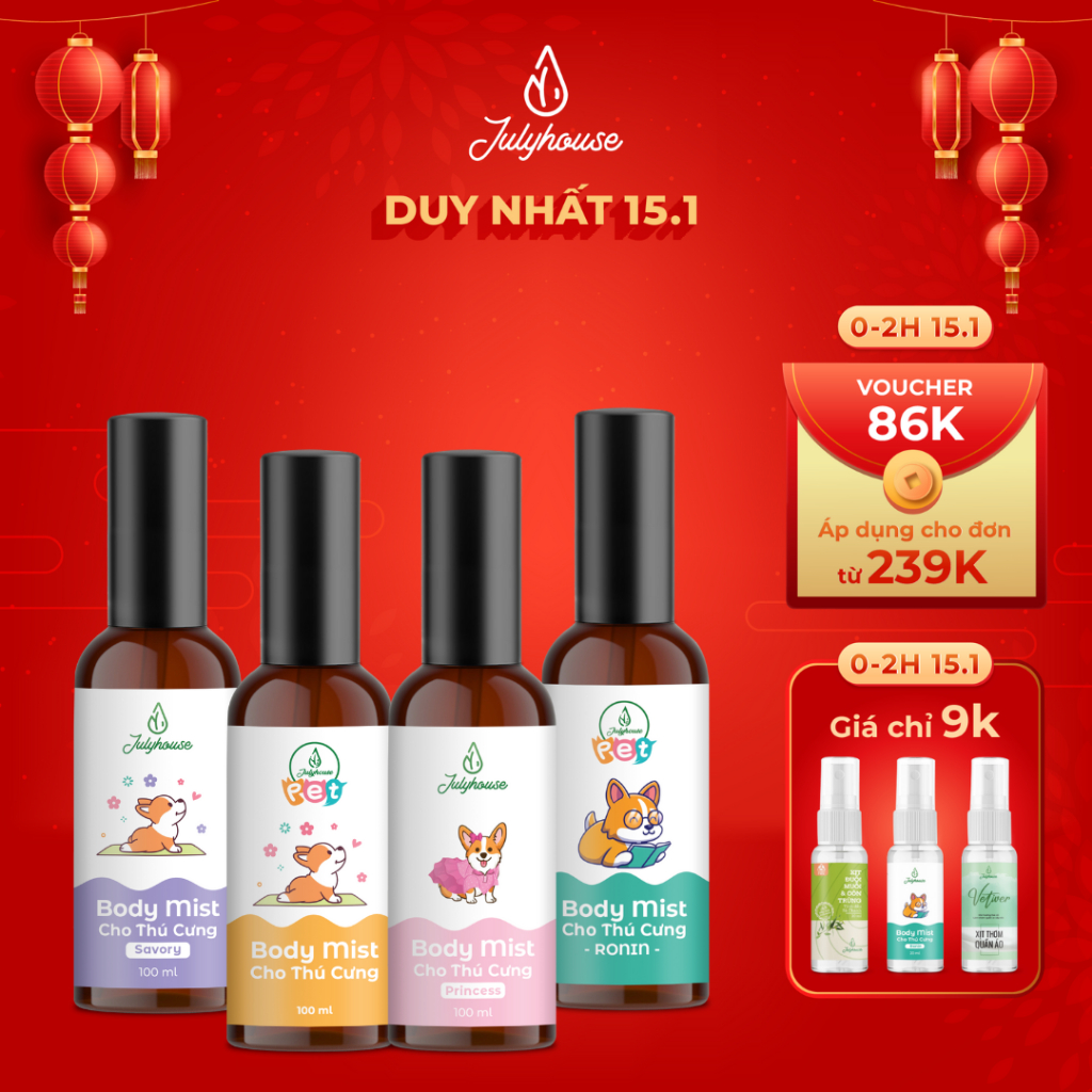 Bodymist xịt thơm khử mùi cho chó mèo JULYHOUSE 20ml/100ml dưỡng da lông, thơm lâu hương nước hoa