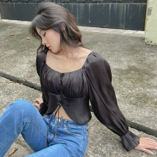 Áo lụa organza tay dài kiểu buộc nơ clara organza top lanie