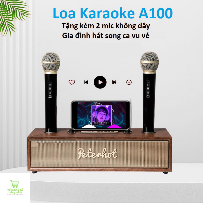 Loa bluetooth karaooke peterhot A100 tặng kèm 2 mic, Loa karaoke gia đình thiết kế vỏ gỗ sang trọng, âm thanh siêu đỉnh