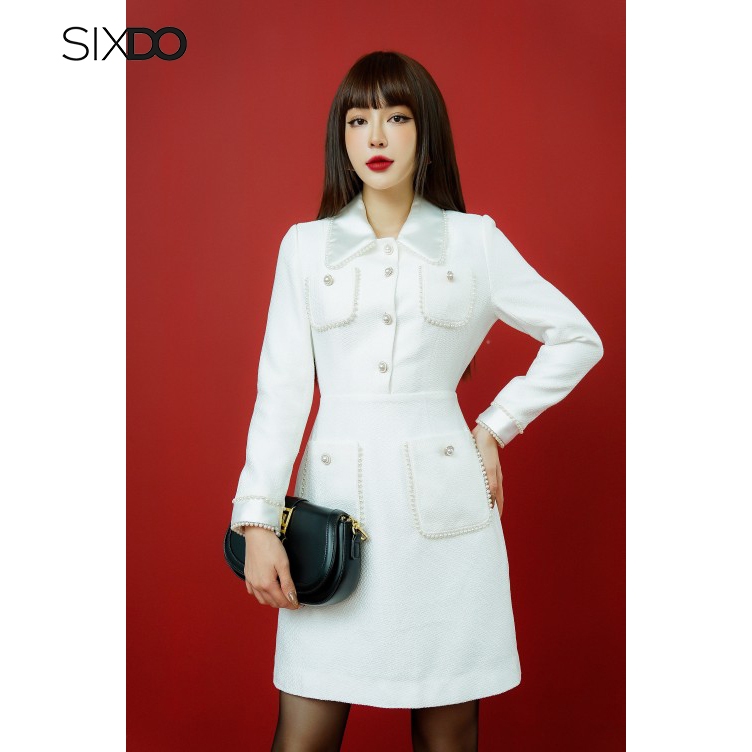Đầm woven trắng cổ vest phối ngọc SIXDO (White Long Sleeves Mini Woven Dress)
