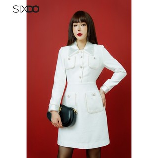 Đầm woven trắng cổ vest phối ngọc SIXDO