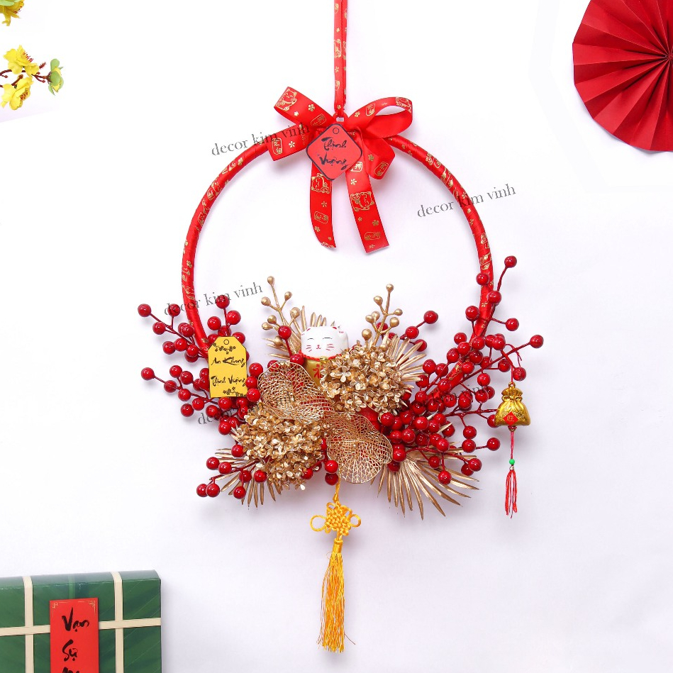 Vòng Hoa Tết H100 40cm Dây Treo Vòng Hoa Tết Kèm Đèn, Vòng Hoa Trang Trí Tết Xuân