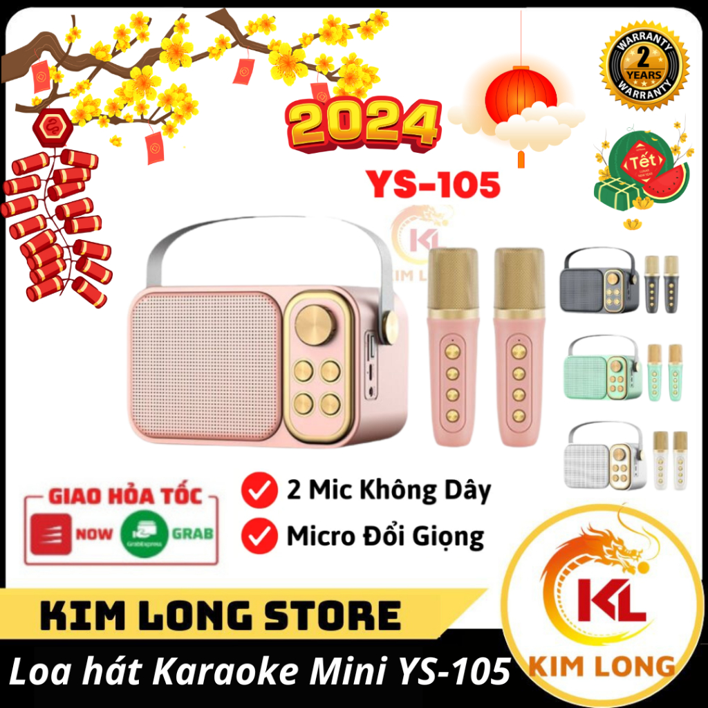 Loa hát Karaoke Mini YS-105 tặng kèm 2 mic - loa hát bluetooth thay đổi giọng nói kì diệu, có quai xách dễ di chuyển
