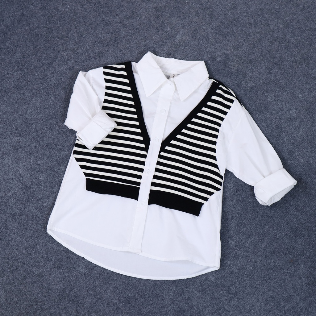 Áo Sơ Mi Bé Gái Phối Gile Len Kẻ Ngang Đen Trắng (Mã 60121) Size 120-160