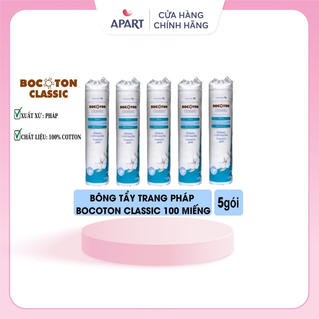 Combo 5 Gói Bông Tẩy Trang Bocoton Classic Pháp 100 Miếng 100% Bocoton Tự Nhiên( 5 x 100 miếng)