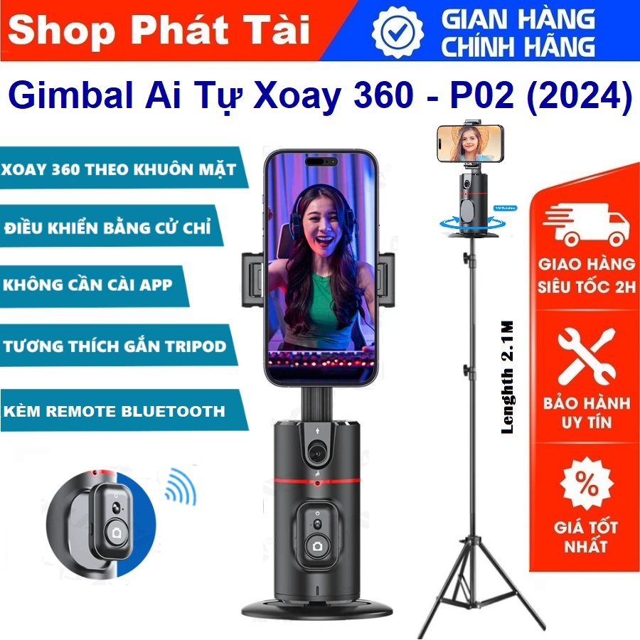 Gimbal AI 360 P02 + Cây Livestream Kéo Dài 2M1 - Tự động quay theo khuôn mặt AI - Gimbal 360 P02 Bản Hot Nhất
