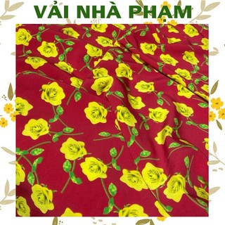 Vải lụa 100d họa tiết hoa vàng nền đỏ-khổ 1.5m-vải nhà phạm