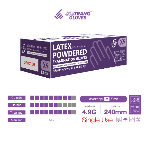 Thùng găng tay y tế Sgloves Latex có bột 4.9g 100 chiếc/hộp