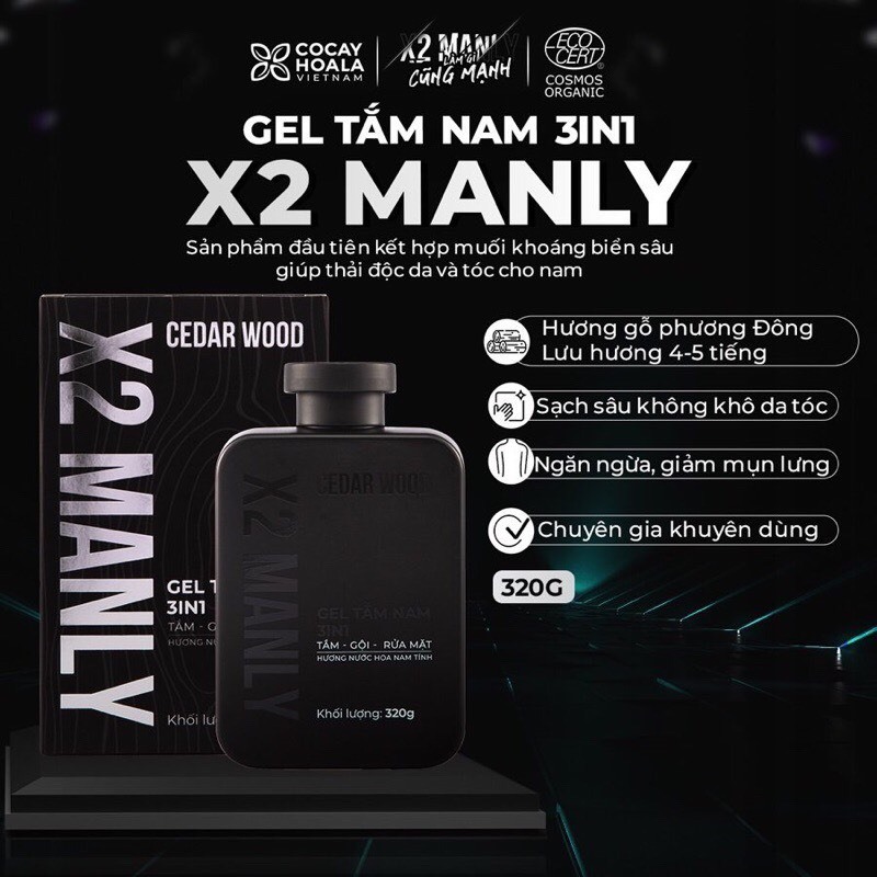 Sữa Tắm Gội Nam 3in1 X2 MANLY Dung Dịch Vệ Sinh Nam Cao Cấp X2 MANLY COCAYHOALA VIETNAM Chính Hãng