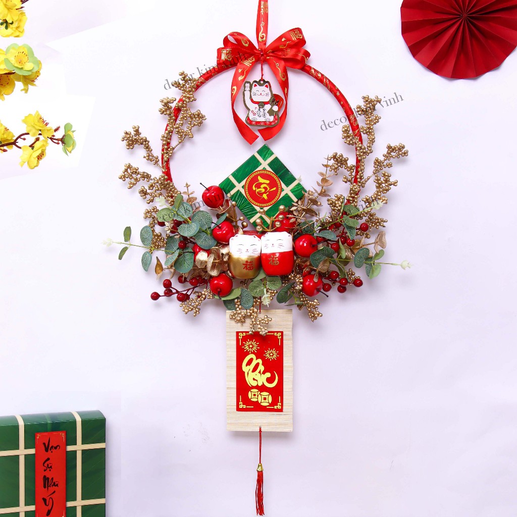Vòng Hoa Tết H101 40cm Dây Treo Vòng Hoa Tết Kèm Đèn, Vòng Hoa Trang Trí Tết Xuân