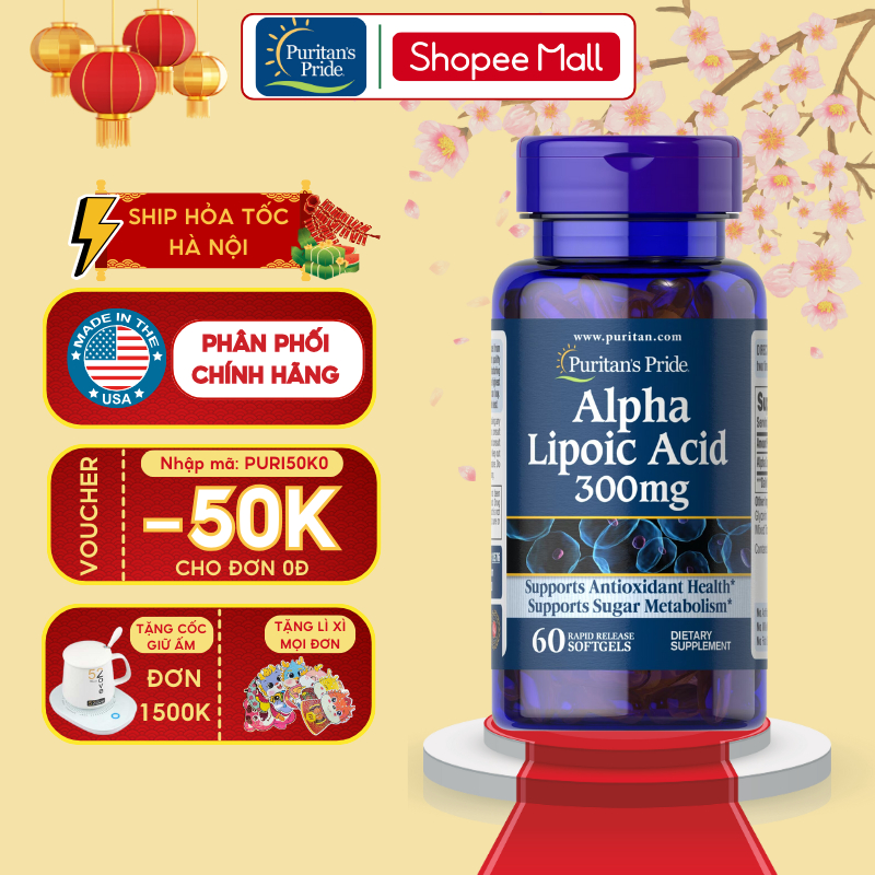 Viên uống đẹp da Puritan's Pride - Alpha lipoic acid 300mg 60v ngừa tàn nhang làm sáng da, chống lão hóa