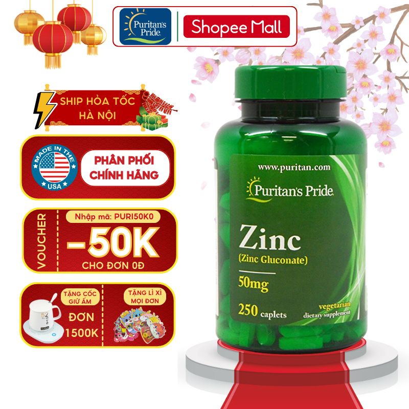 Viên uống giảm mụn nội tiết, tăng đề kháng Puritan's Pride Zinc Gluconate 50mg 250 viên của Mỹ