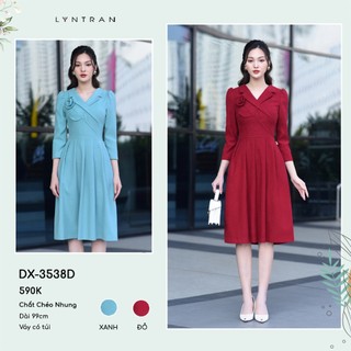 Đầm xòe nữ dự tiệc đính hoa thủ công váy xòe cổ Vest dài tay vai bồng LYN TRAN DX-3538D
