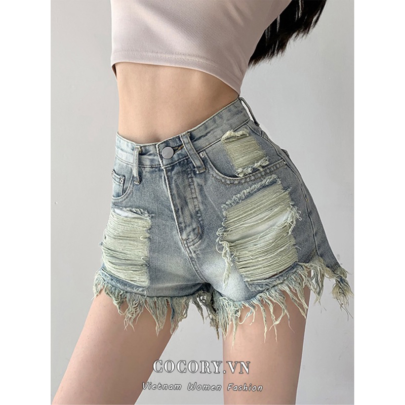 Quần Short Jeans Nữ OLALA Lưng Cao Rách Lớn Form Ôm chuẩn