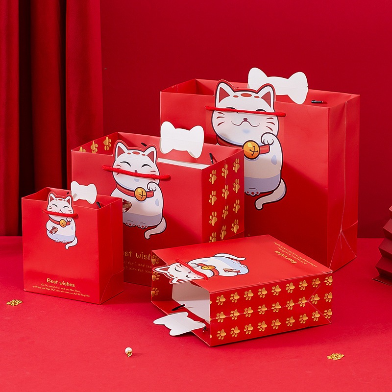 Túi Quà Tặng Nhiều Mẫu Túi Giấy Cứng Màu Đỏ Hoạ Tiết Lễ Hội, Túi Đựng Quà Trang Trí Tết Xuân