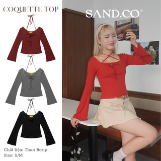 Áo thun nữ tay dài ống loe cổ vuông phối ren có dây buộc nơ co dãn dáng ôm - SAND COQUETTE TOP