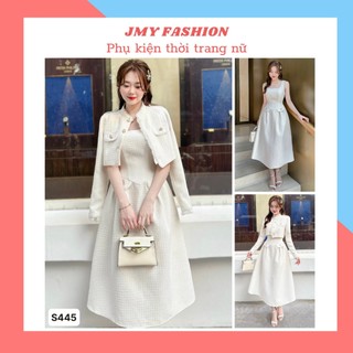 S445 Set trắng tiểu thư, váy dự tiệc thanh lịch [TH Hà Thanh] áo khoác tay dài váy hai dây sang chảnh