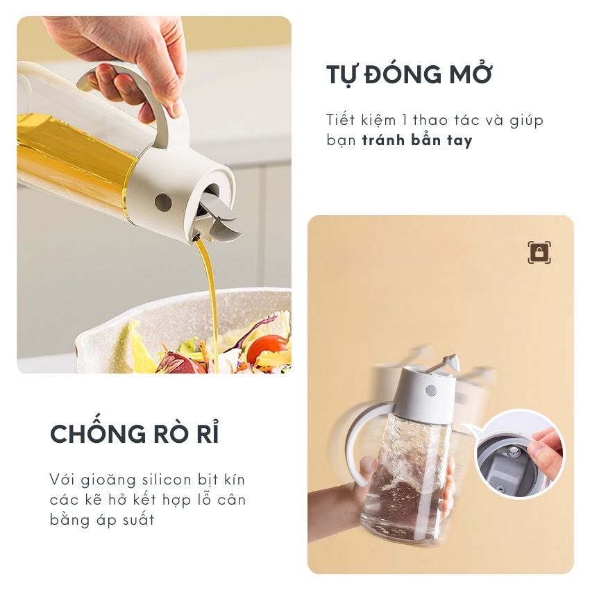 Chai đựng dầu ăn thủy tinh thông minh FEEKA cao cấp nắp tự đóng mở, bình đựng dầu ăn thủy tinh có đế silicon chống trượt