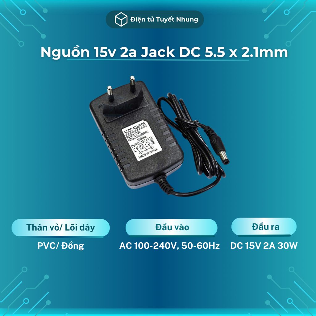 Nguồn 15v 2a Jack DC 5.5 x 2.1mm Chất Lượng - Adapter 15v 2a, Nguồn Loa Kéo 15v 2a BH Lỗi 1-1 7 Ngày