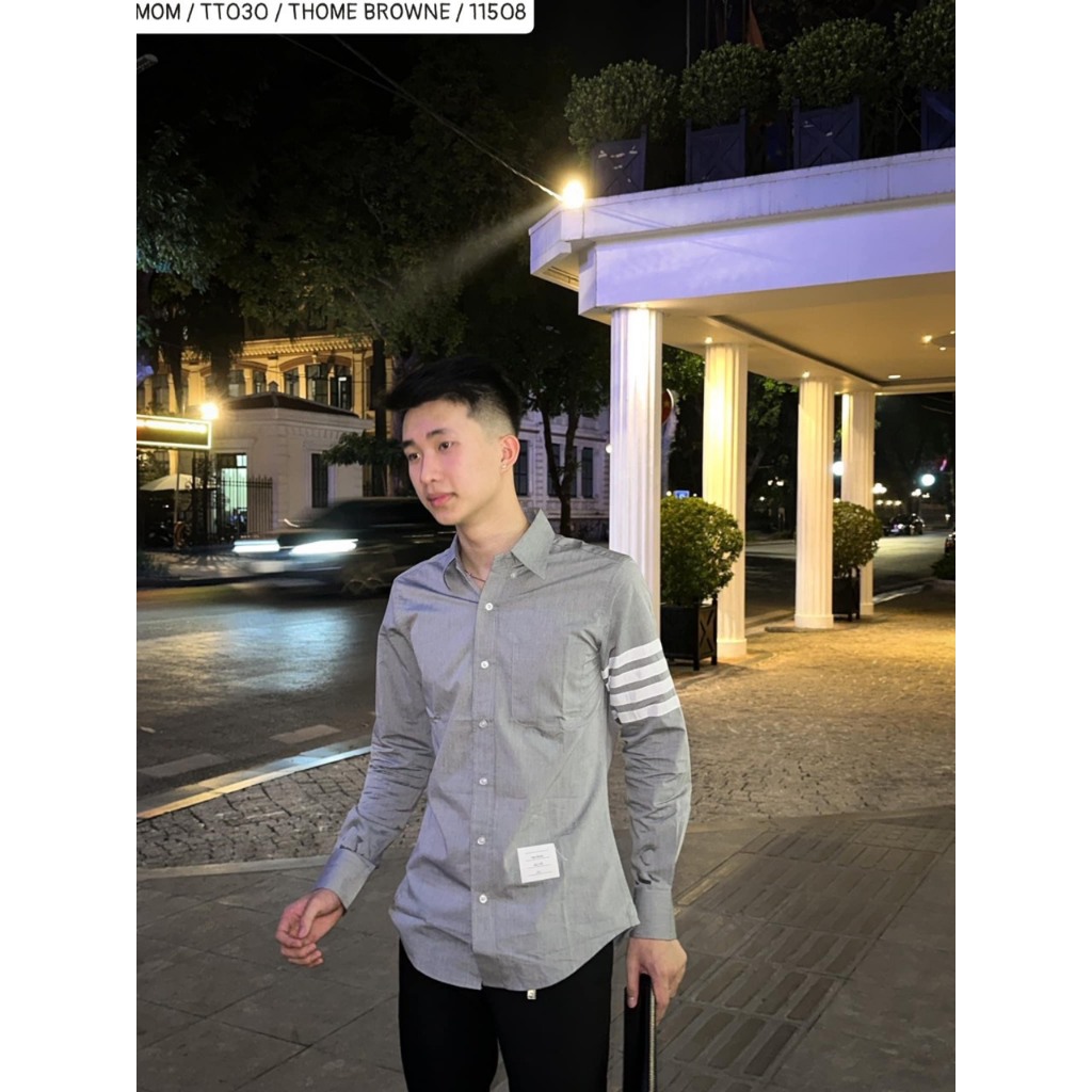 🔥Hot🔥 Áo Sơ Mi Đen THOME Phối 4 Vạch Cao Cấp Áo Somi Like_AU Xám, Đen 4 Vạch Trắng Chất Vải Lụa Mát Mịn