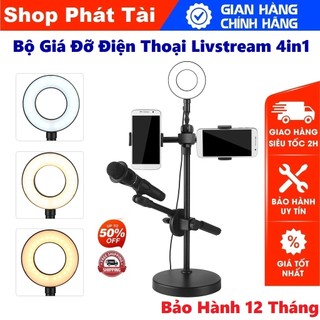 Đèn LiveStream 4in1 Để Bàn, Có Chân Đỡ Micro LivesTream Hai Điện Thoại - Bộ Giá Đỡ Điện Thoại Livestream 4in1