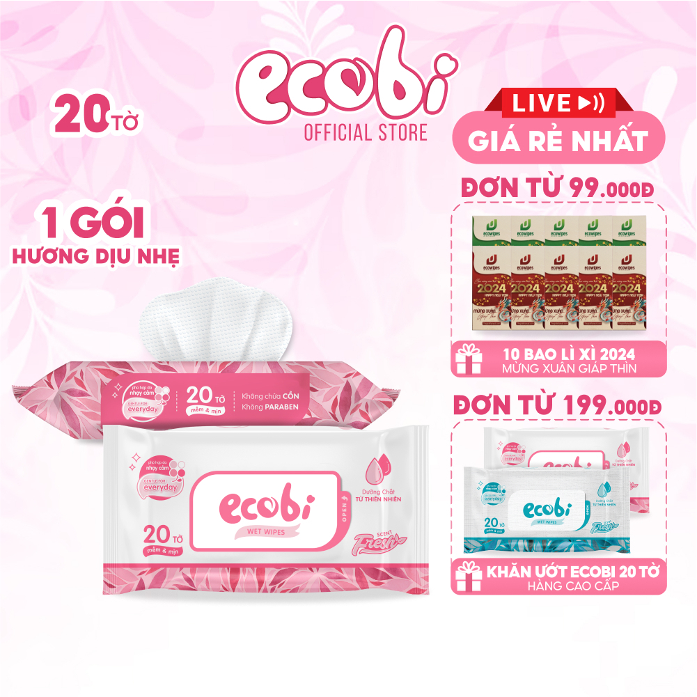 Khăn giấy ướt cao cấp cho bé Ecobi gói 20 tờ 110g hương dịu nhẹ không cồn không paraben an toàn cho da nhạy cảm