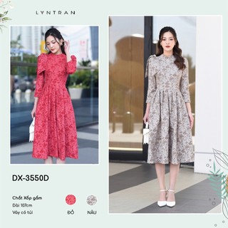 Đầm xòe nữ dự tiệc nơ vai, họa tiết lá màu nâu, váy xòe xếp ly dài tay  LYNTRANDX-3550D