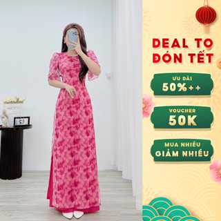 Áo dài nữ cách tân tơ óng tay Tú Uyên KÈM QUẦN, thiết kế màu hồng tay bồng cánh tiên tôn dáng, điệu đà - AD0023
