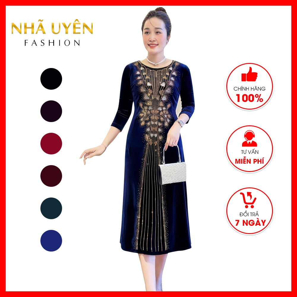 Đầm trung niên nữ thiết kế M541 quà tặng mẹ chất liệu nhung cao cấp tay lỡ thu đông