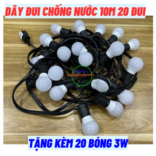 Bộ đui đèn ngoài trời trang trí 10m kèm 20 đui loại chống nước E27, bóng kín nước TẶNG BÓNG 3W