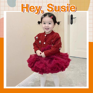 Set Áo Chất Liệu Len Màu Đỏ Thêu Hoa Phối Chân Váy Tutu Cho Bé Gái Từ 9-21kg Hey Susie S5783