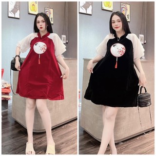 Đầm nữ, đầm suông nhung bigsize babydoll tay voan form rộng