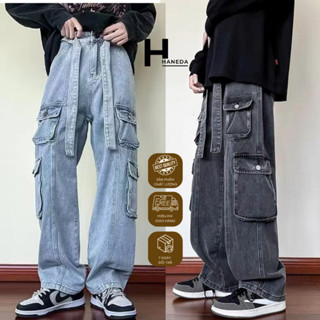 Quần jean Baggy 8 túi Nam Nữ ống rộng có đai to Hiphop, Quần dài nam cargo pants - Avocado