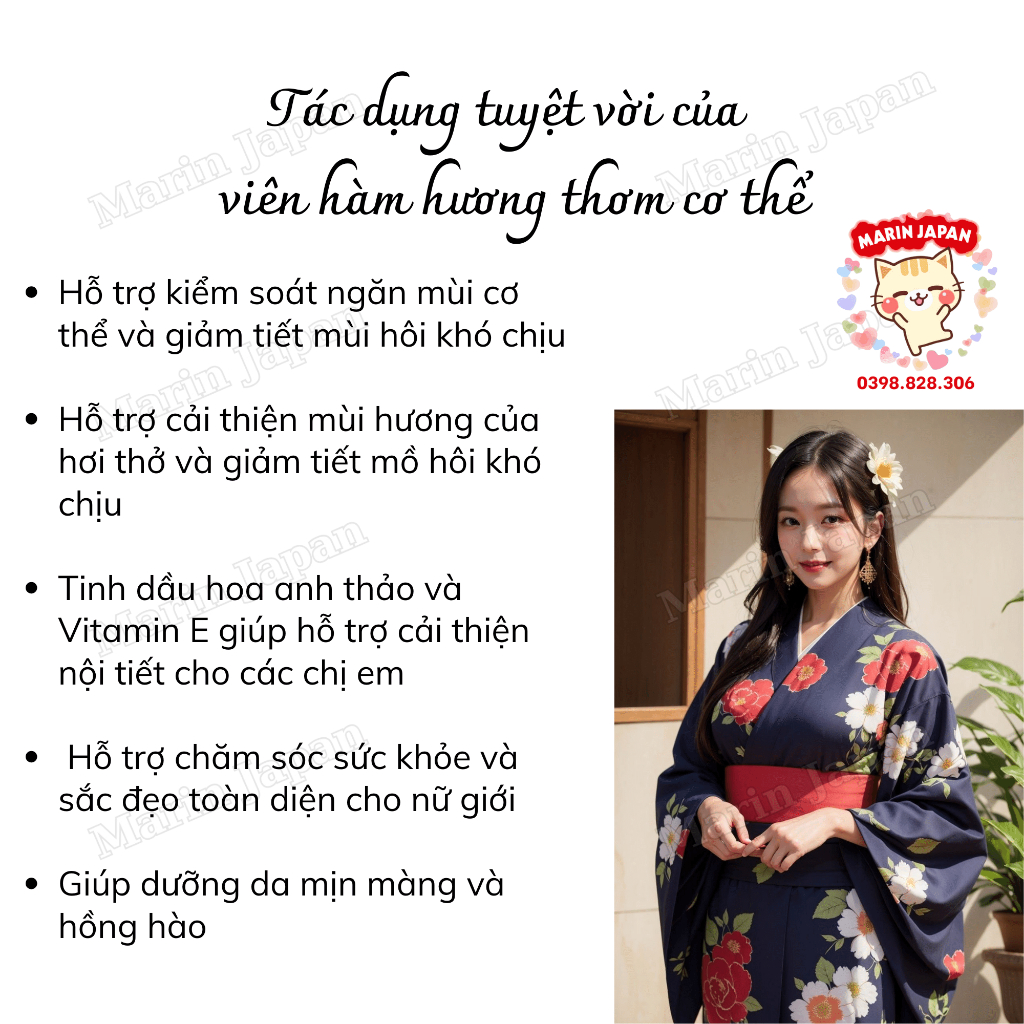 Viên tinh chất hàm hương thơm cơ thể  Hương hoa hồng, vani,đào tiên, sakura Nhật Bản hebora...