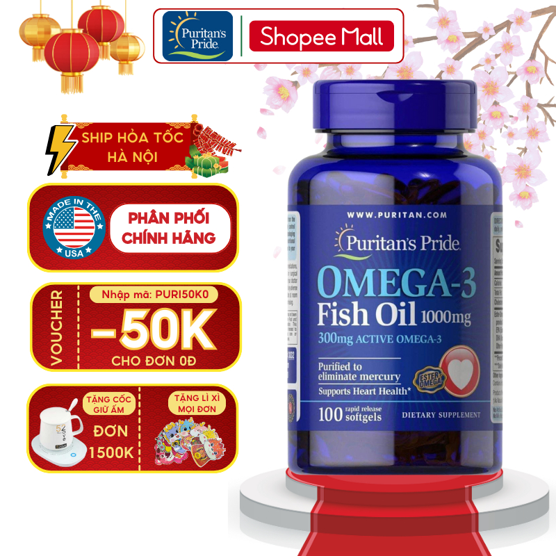 Dầu cá Puritan's Pride Omega 3 Fish oil 1000 mg 100v của Mỹ tăng cường thị lực, hỗ trợ mắt và não bộ