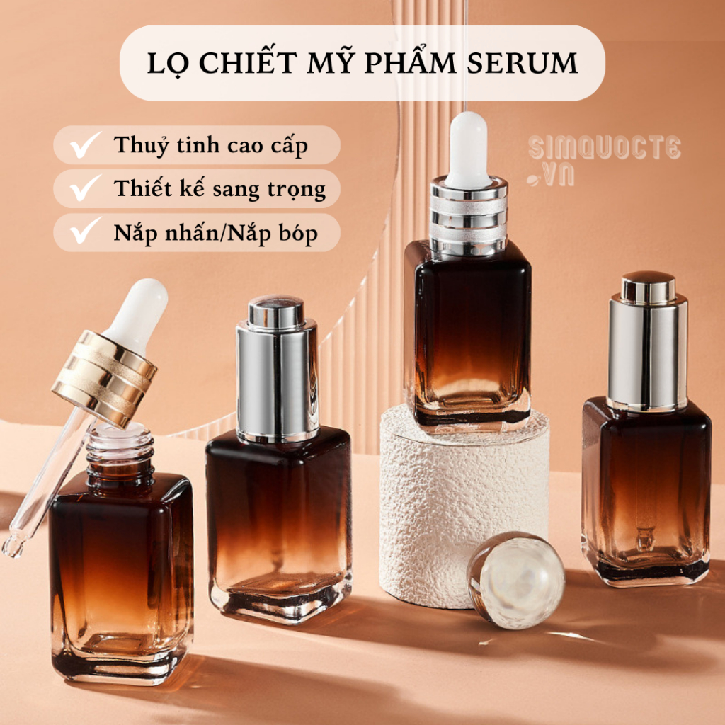 Lọ chiết serum 30ml dạng nắp nhấn tiện lợi Chai chiết dung dịch thuỷ tinh có núm bóp màu nâu sang trọng tiện lợi CCC51