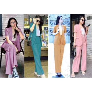 SET BLAZER CỘC TAY QUẦN ỐNG SUÔNG CHẤT LIỆU CHÉO HK CAO CẤP BIG SIZE S M L XL 2XL 3XL