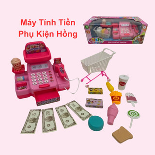 Máy tính tiền cho bé máy tính tiền siêu thị màu hồng nhiều phụ kiện có nhạc đèn cho bé chơi đồ hàng