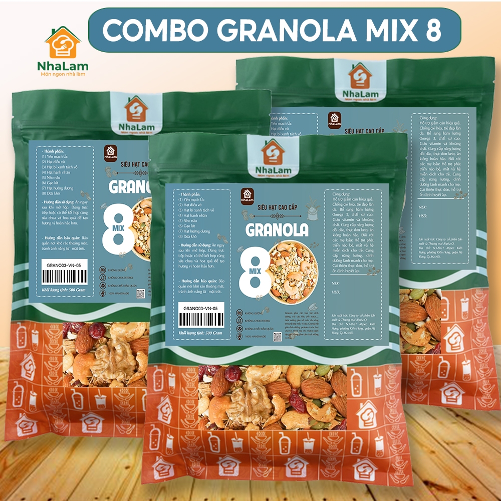 Combo Granola 500g Mix 8 NHALAMFOOD Thơm Ngon Thêm Óc Chó, Hạnh Nhân, Hạt Điều