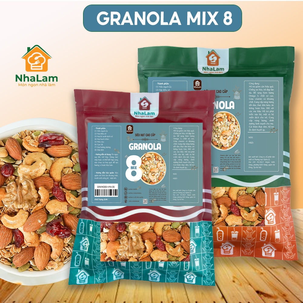 Granola Ngũ Cốc Mix 8 Loại Hạt Dinh Dưỡng Dừa Khô, Hạt Điều, Hạnh Nhân NHALAM FOOD