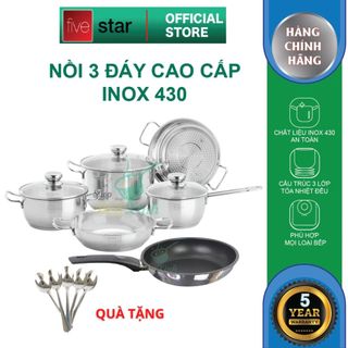 Bộ nồi xửng và chảo chống dính 3 đáy inox 430 FiveStar Standard 6 món nắp kính , tặng 5 muỗng