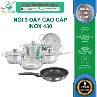 Bộ Nồi chảo 3 Đáy Inox 430 Fivestar Standard bếp từ nắp kính