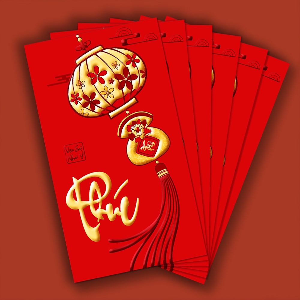 Bộ 6 Bao Lì Xì Tết Bính Ngọ 2026- Bao Lixi Tết Màu Đỏ In Chữ Nổi 3D Tết Truyền Thống