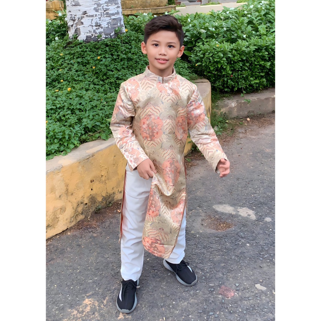 Áo dài bé trai gấm may mắn Jadiny