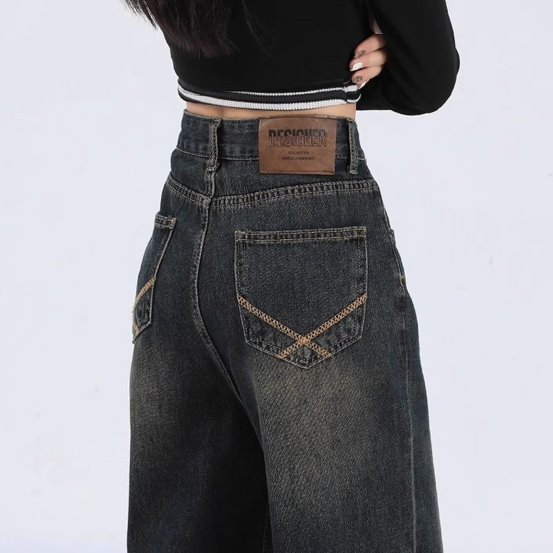 Quần Bò Jeans Mài Bạc Rêu Y2K Retro Ống Rộng Dáng Suông Phong Cách Cá Tính Túi Độc Đáo