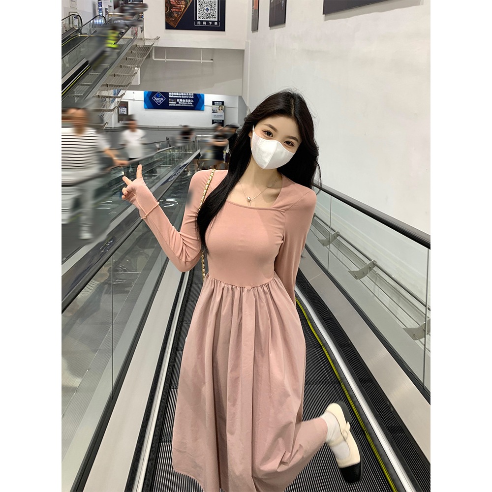 Váy nữ xinh dáng dài MIDI hồng Pastel phong cách Retro Pháp cô nàng tiểu thư nhẹ nhàng