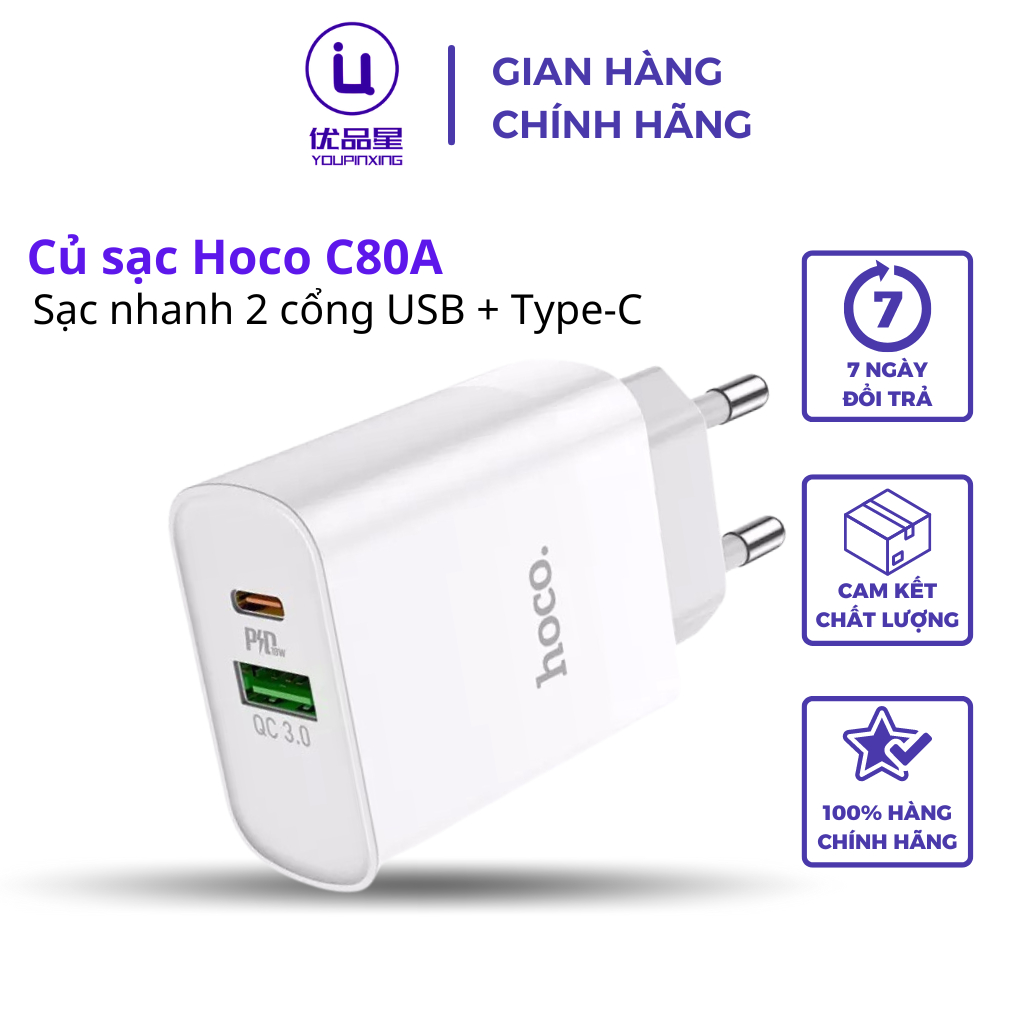 Củ sạc nhanh Hoco C80A sử dụng 2 cổng USB + TypeC bảo hành chính hãng 12 tháng