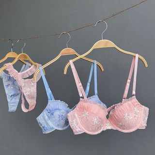 Bộ đồ lót nội y nữ, áo lót có gọng nâng vải ren phối tơ nhún viền, quần lót sexy