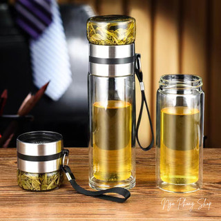 Bình thủy tinh quai có lọc, Bình pha trà thuỷ tinh 2 lớp có lõi lọc Inox. Kèm quai xách tiện lợi.