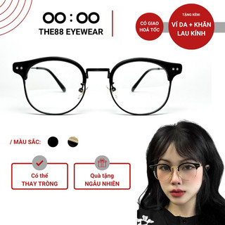 Gọng kính cận nam nữ THE88 dáng tròn kim loại cổ điển tròng giả cận 0 độ chống ánh sáng xanh KC21